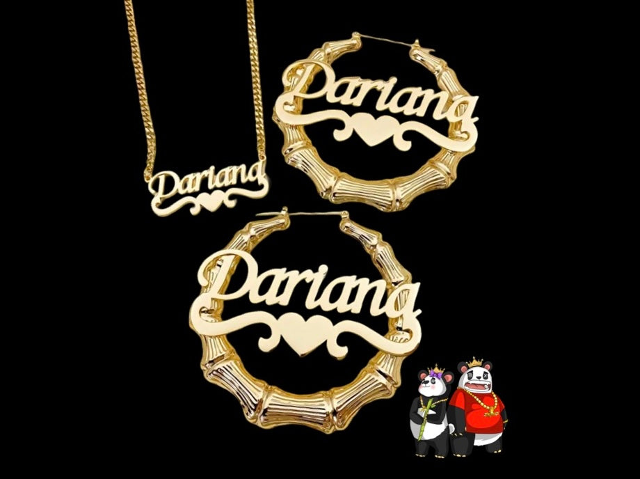 3 in 1 Bamboo earrings and Name Necklace Set